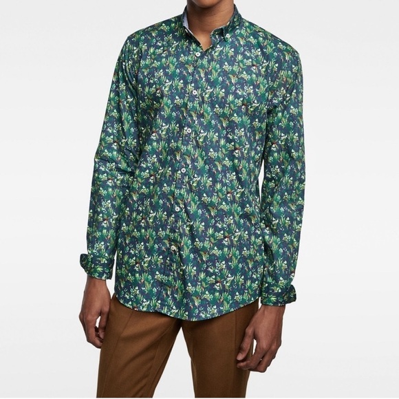 Zara men green printed poplin long sleeve button down shirt - Picture 3 of 11